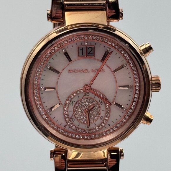 Michael Kors Sawyer Watch MK6282 Women's Rose Gold Tone Chronograph 38mm & box - Picture 14 of 16